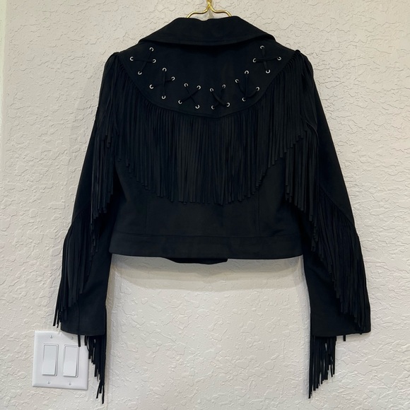 Zara Black Fringe Faux Suede Moto Jacket Cropped Western - Picture 4 of 8